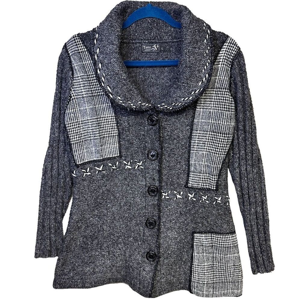 Tivoli Ireland Gray Cardigan Plaid Patchwork Festival Boho Wool Fairy Grunge L